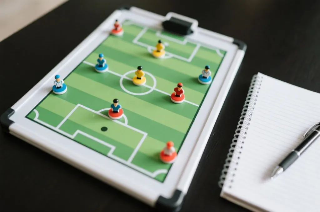 足球战术板上的磁性棋子布局，旁边放着战术分析笔记本与钢笔